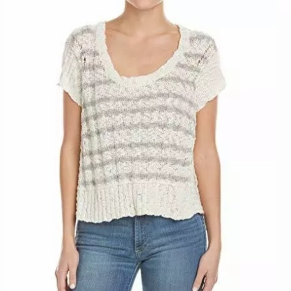 Free People Gray & Cream Striped High Low Knit Short Sleeve Shirt